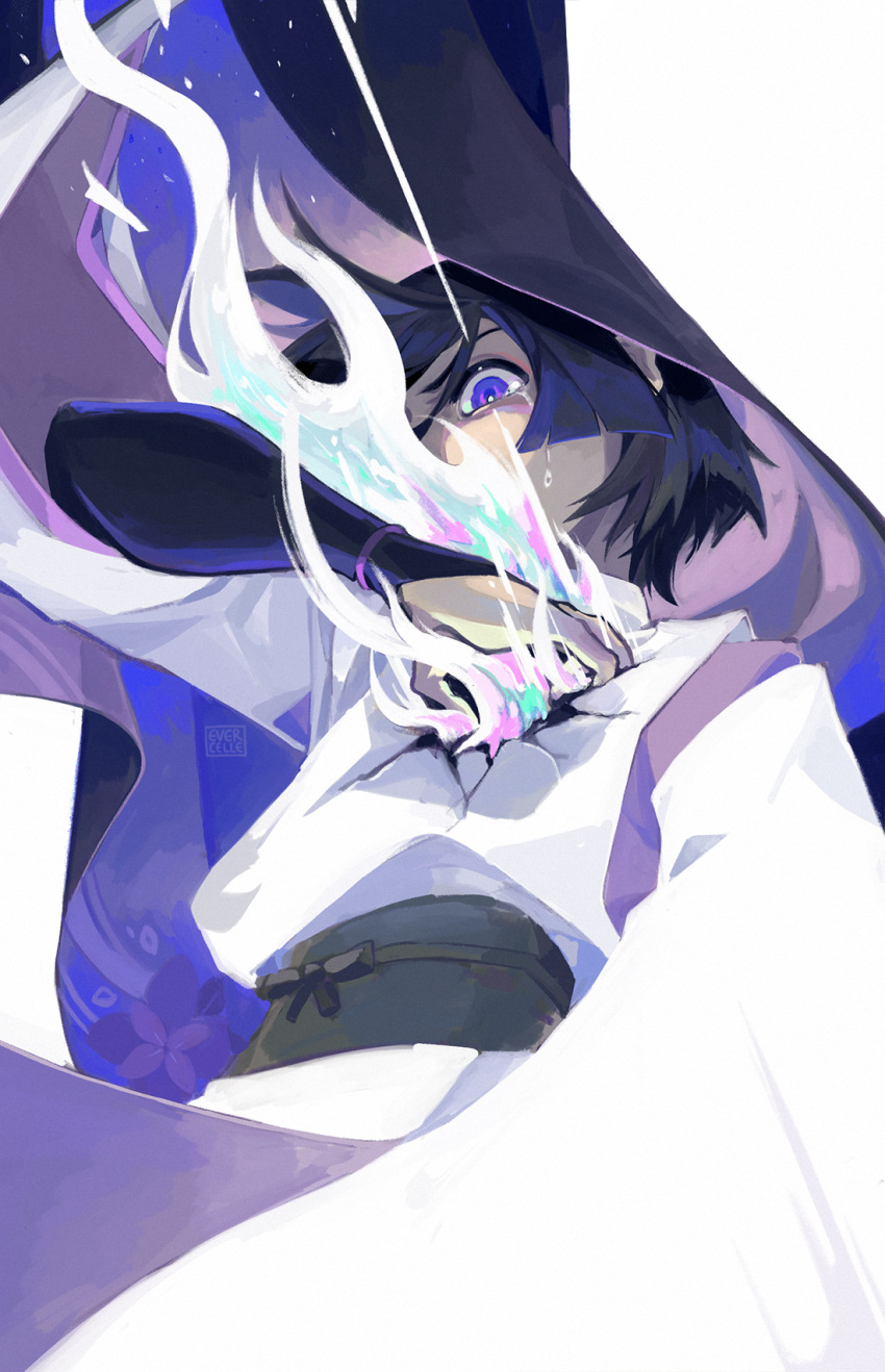 1boy, arm_at_side, armor, artist_name, black_bow, black_sash, blunt_ends, bow