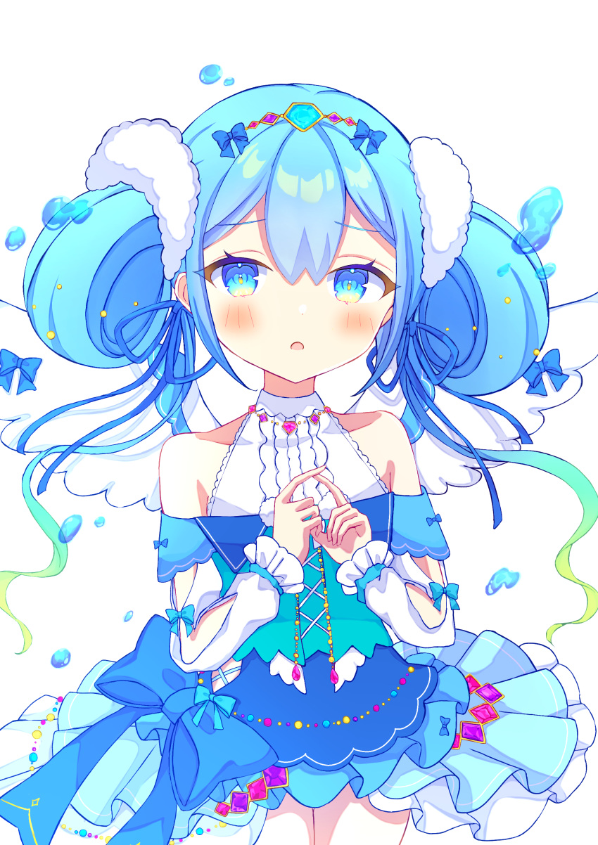 1girl, :o, absurdres, bare_shoulders, blue_bow, blue_dress, blue_eyes, blue_hair