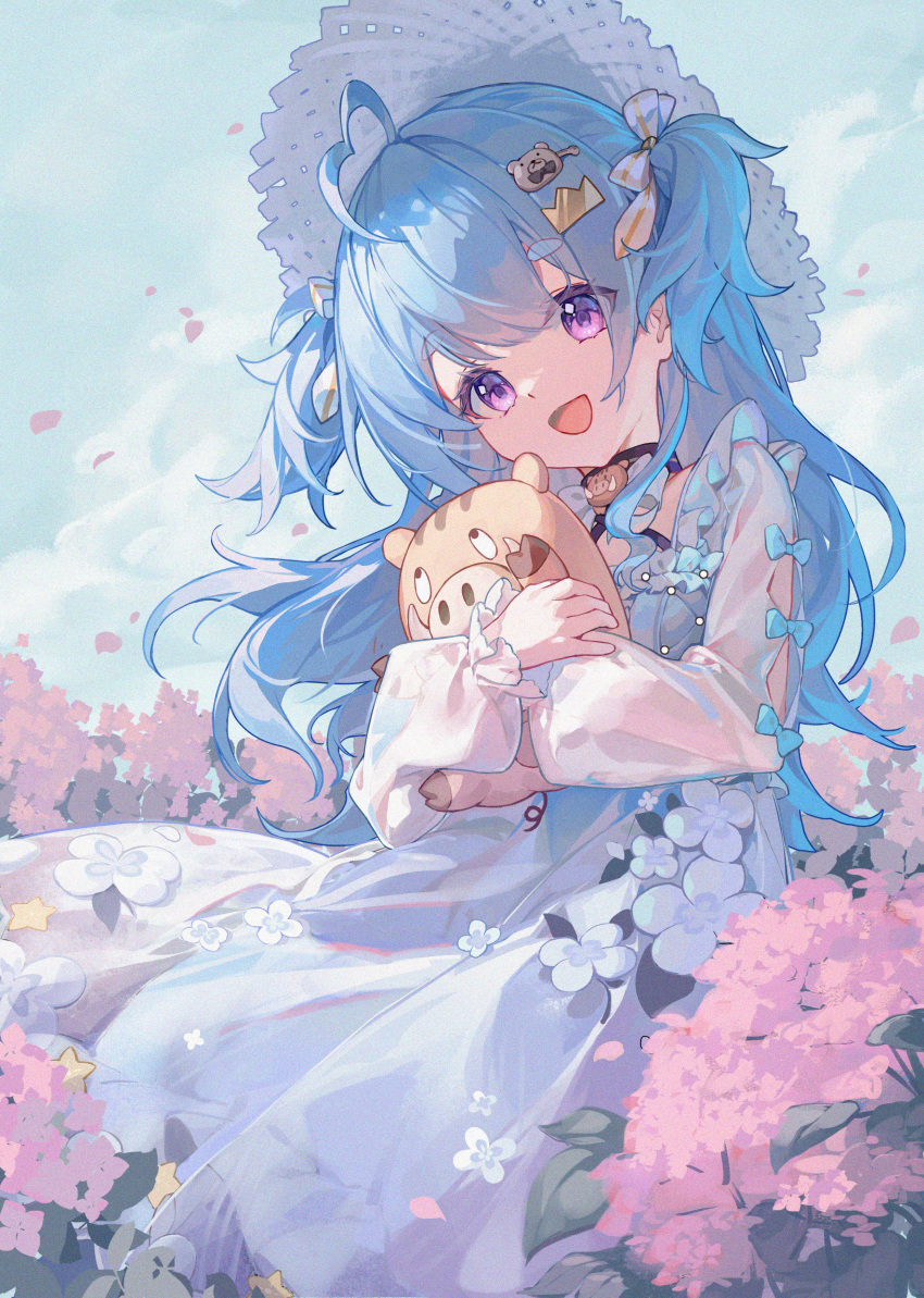 1girl, absurdres, adversarial_noise, ahoge, bear_hair_ornament, blue_bow, blue_hair, blue_sky