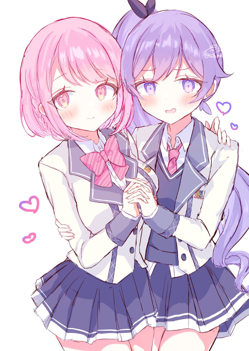 2girls, blue_skirt, blush, bow, heart, highres, hirame_(hi03ra), holding_hands