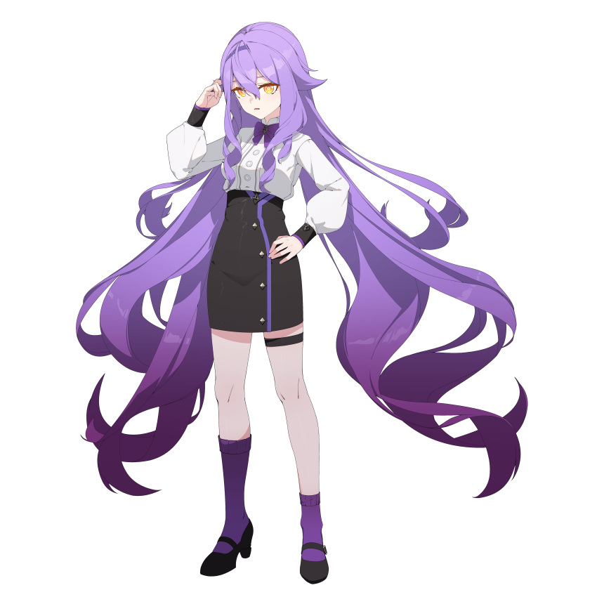 1girl, absurdres, black_skirt, bow, bowtie, full_body, hand_on_own_hip, highres, honkai_(series), honkai_impact_3rd, long_hair, long_sleeves, looking_at_viewer, puffy_long_sleeves, puffy_sleeves, purple_bow, purple_bowtie, purple_hair, purple_socks, shirt, simple_background, sirin, sirin_(magic_academy_uniform), sirin_(miracle_magical_girl), skirt, socks, solo, very_long_hair, wavy_hair, white_background, white_shirt, yellow_eyes, yikco