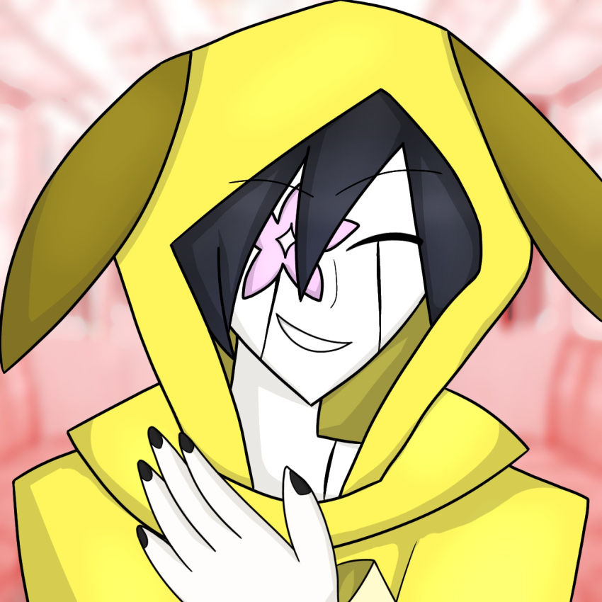 1other, androgynous, animal_ears, black_nails, blue_hair, blurry, blurry_background, chest_tattoo, clenched_teeth, closed_eyes, facial_mark, fake_animal_ears, flaekitten_(hitbangs64), flower, gradient_hair, grin, hair_between_eyes, hand_on_own_chest, happy, highres, hood, hoodie, jacket, long_sleeves, looking_at_viewer, multicolored_hair, neck, non-web_source, one_eye_covered, original, pale_skin, pink_flower, pink_theme, portrait, short_hair, smile, solo, tattoo, teeth, train_interior, yellow_hoodie, yellow_jacket