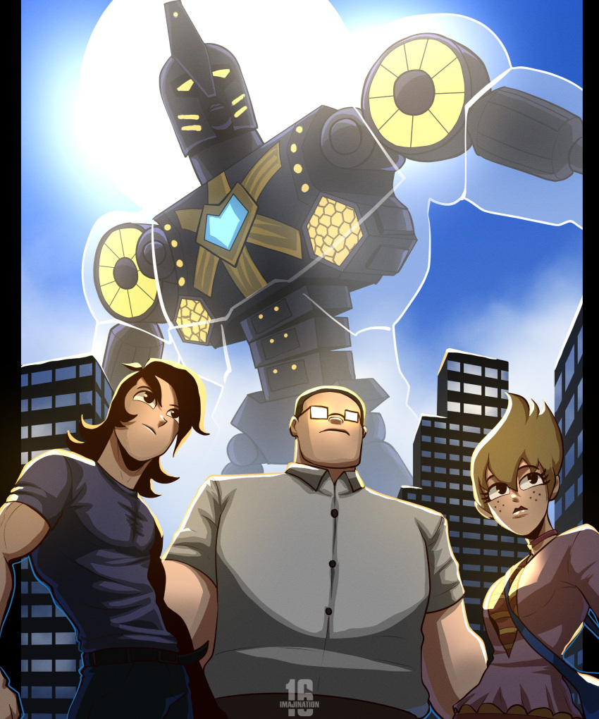 1girl, 2boys, absurdres, ace_(imajination16), armor, artist_name, black_eyes, black_hair