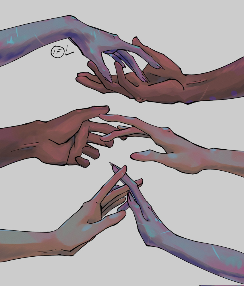 blue_light, blue_skin, colored_skin, dark_skin, finger_touching, grey_background, hand_focus, highres