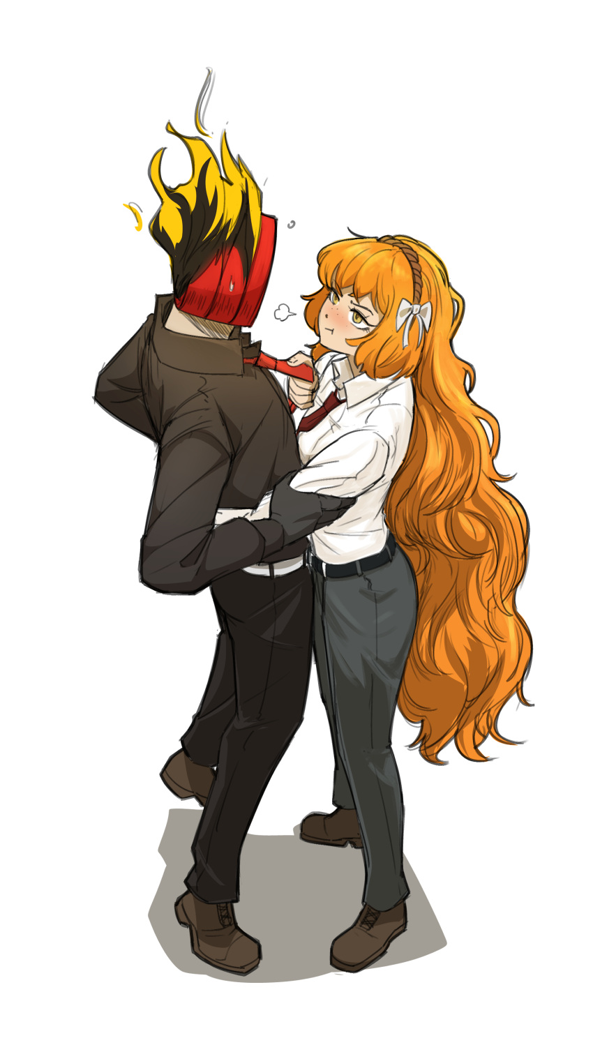 1girl, 1other, absurdres, brown_hairband, clock, dante_(limbus_company), exadcr95, fire, flaming_head, freckles, hairband, highres, ishmael_(project_moon), limbus_company, necktie, object_head, orange_hair, other_with_female, project_moon, red_necktie, white_background