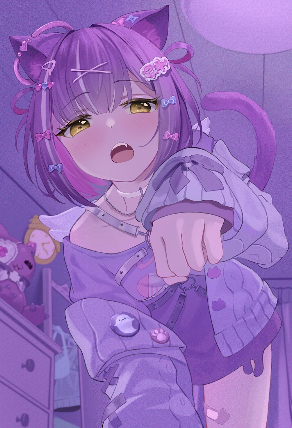 1girl, animal_ears, bandaid, blush, bow, cardigan, cat_ears, chest_harness, choker, commentary_request, fang, hair_bow, hair_ornament, harness, highres, indoors, looking_at_viewer, mikan_2468, multicolored_hair, open_mouth, purple_hair, purple_shirt, shinomiya_runa, shinomiya_runa_(4th_costume), shirt, solo, streaked_hair, t-shirt, tail, teeth, two-tone_hair, upper_teeth_only, virtual_youtuber, vspo!, white_choker, white_hair, x_hair_ornament, yellow_eyes