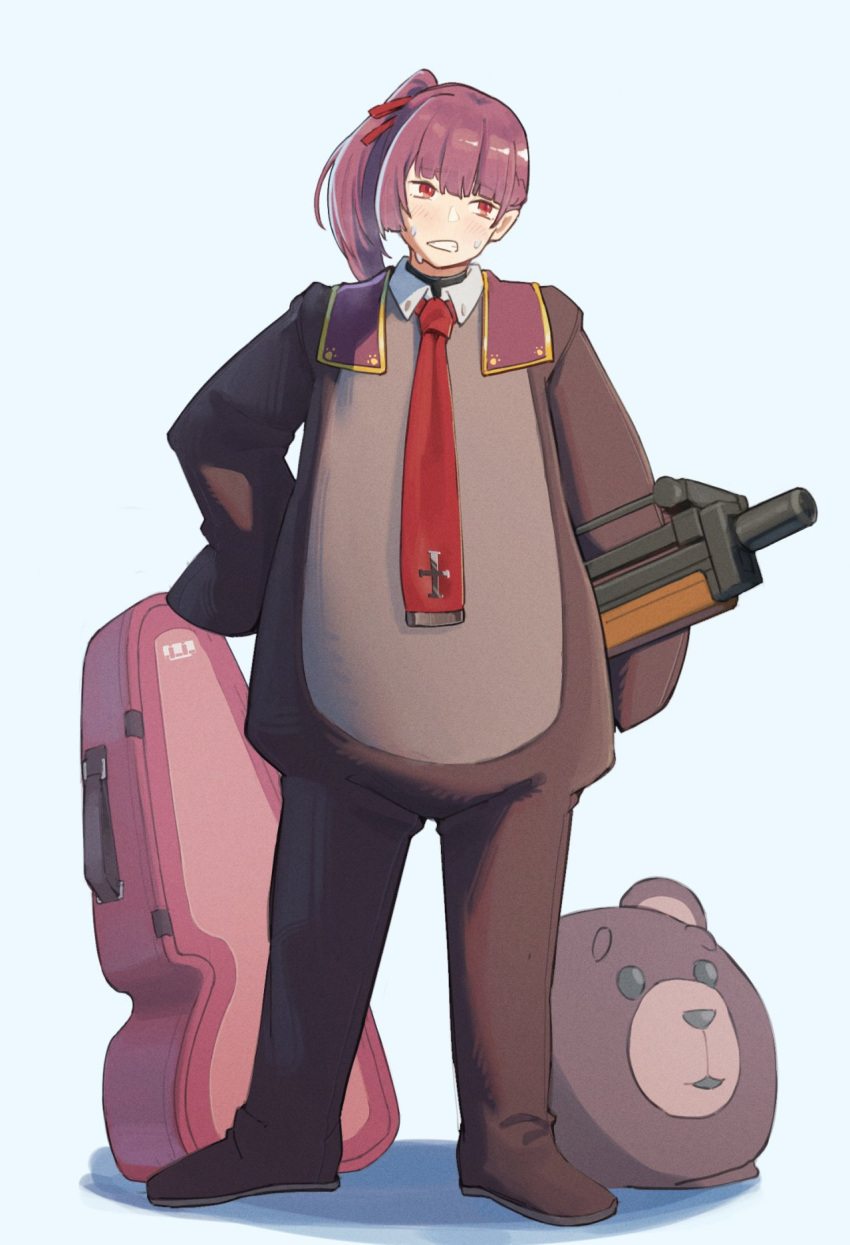 1girl, animal_costume, bear_costume, bullpup, commentary, english_commentary, girls'_frontline_2:_exilium, girls_frontline, guitar_case, gun, hair_ribbon, highres, hitman_(game), holding, holding_gun, holding_weapon, instrument_case, makiatto_(girls'_frontline_2), mascot_head, necktie, omiglop, ponytail, purple_hair, red_eyes, red_necktie, ribbon, rifle, sniper_rifle, solo, square-end_necktie, sweat, wa2000_(girls'_frontline), walther, walther_wa_2000, weapon, white_background