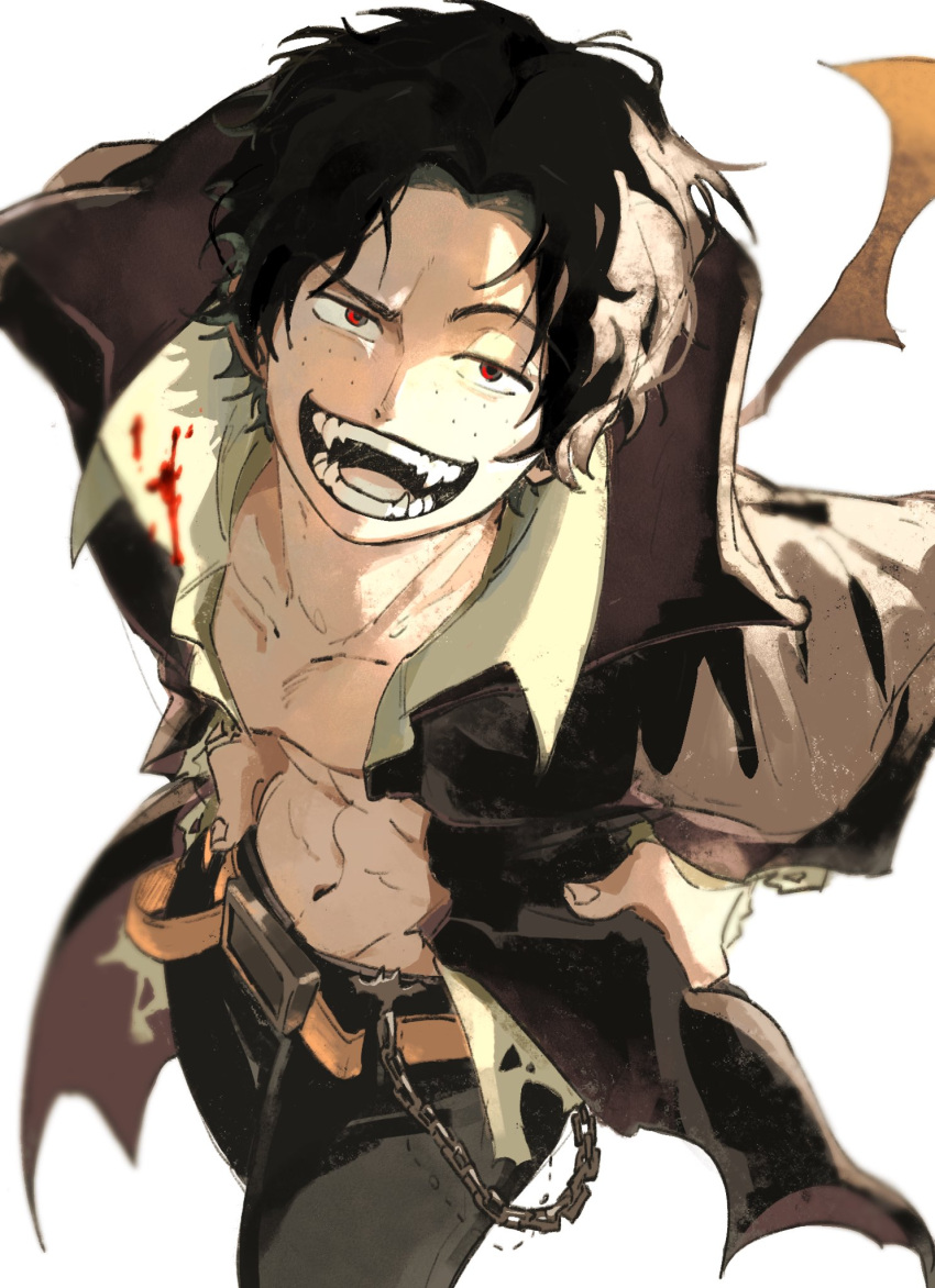 1boy, abs, black_coat, black_hair, blood, blood_on_clothes, c_a_k_e, chain