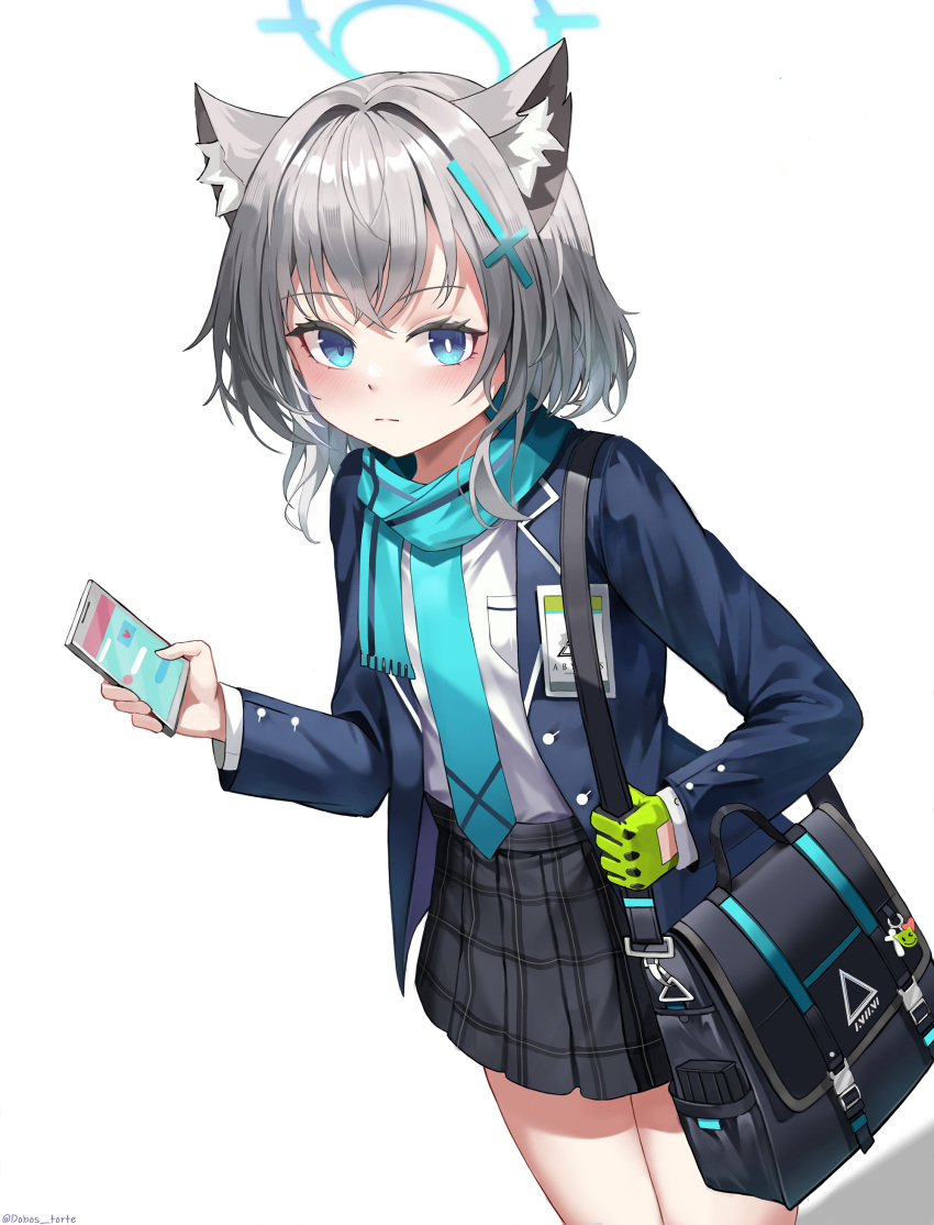 1girl, absurdres, animal_ear_fluff, animal_ears, bag, black_bag, black_skirt, blue_archive