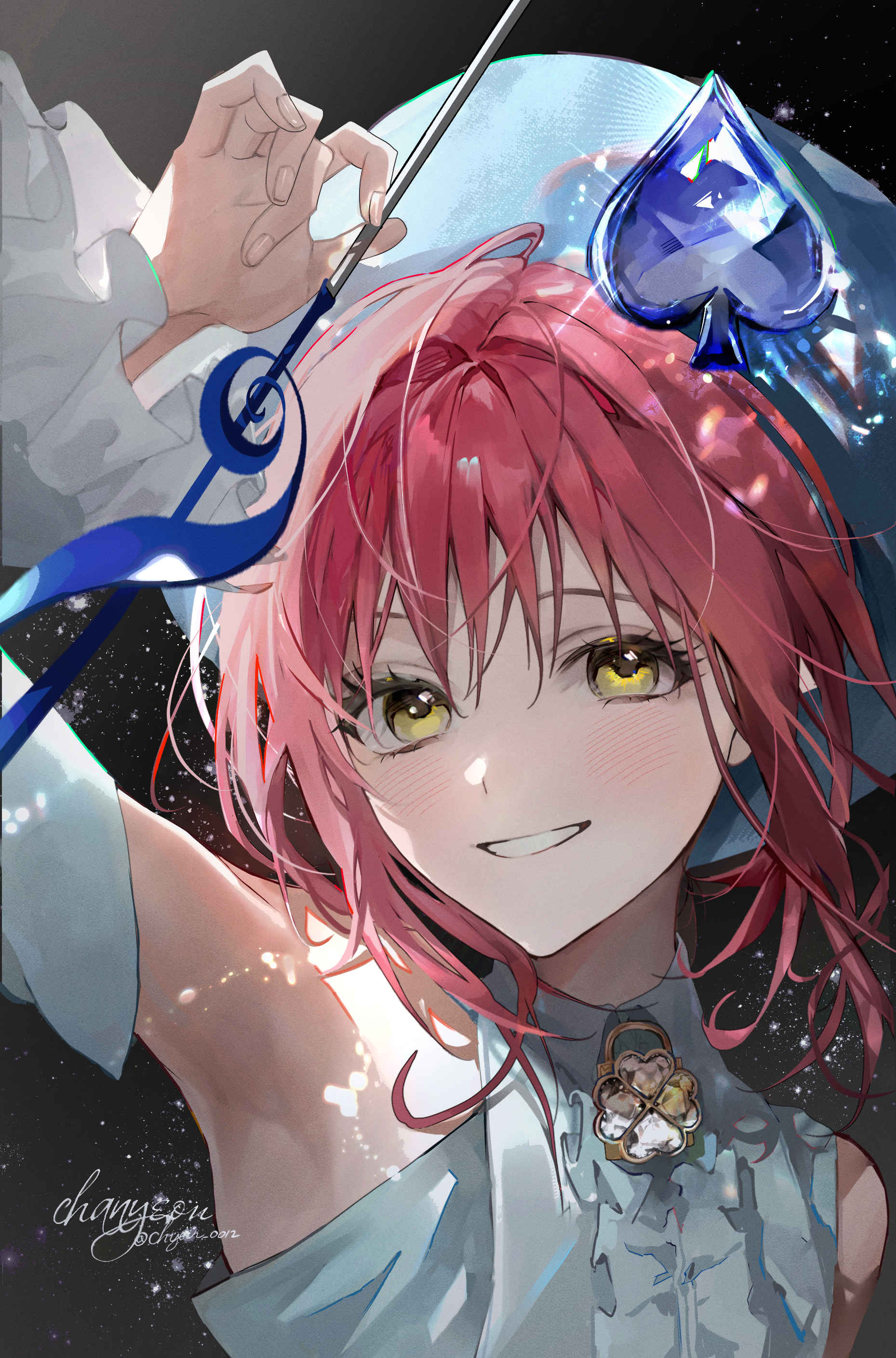 1girl, absurdres, amulet_spade, blue_hat, blue_shirt, blush, chyan_0012, detached_sleeves, frilled_sleeves, frills, hashtag-only_commentary, hat, highres, hinamori_amu, looking_at_viewer, magical_girl, musical_note, pink_hair, shirt, shugo_chara!, sidelocks, sleeveless, smile, solo, spade_(shape), twitter_username, upper_body, yellow_eyes
