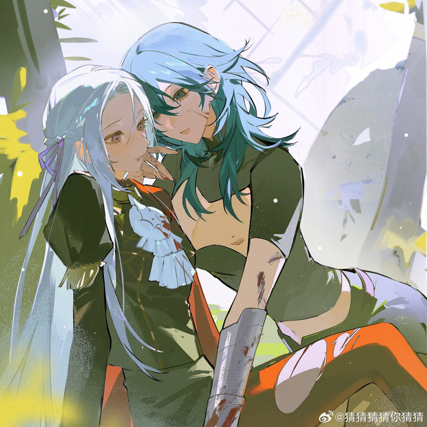 2girls, absurdres, arm_guards, black_pantyhose, black_shirt, black_shorts, blood, blood_on_arm