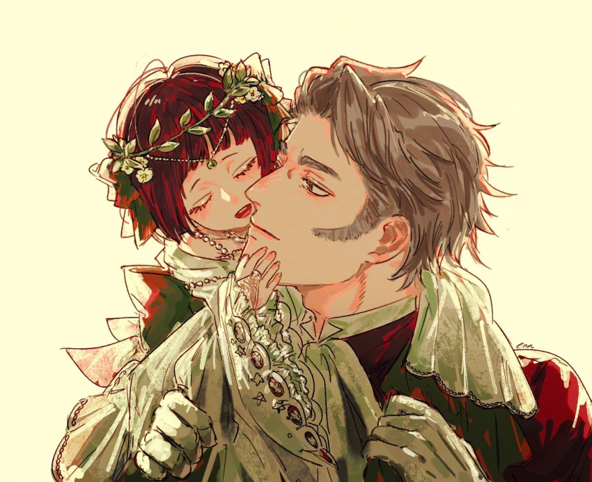 1boy, 1girl, carrying, child, closed_eyes, closed_mouth, dress, ena33333333, eyelashes, frills, gloves, grey_hair, kuroshitsuji, lolita_fashion, long_sleeves, nostrils, open_mouth, short_hair, sideburns, sieglinde_sullivan, victorian, white_gloves, wolfram_(kuroshitsuji)