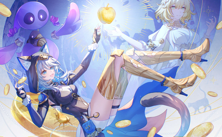 2girls, absurdres, aglaea_(honkai:_star_rail), animal_ears, animal_hood, apple, aqinorz, black_gloves
