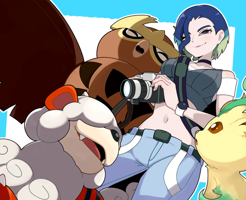1girl, absurdres, archives.gokulism, bare_shoulders, bird, black_choker, blue_hair, bob_cut