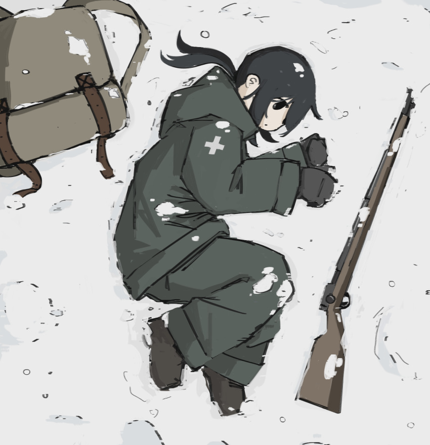 1girl, backpack, bag, black_gloves, black_hair, chito_(shoujo_shuumatsu_ryokou), gloves, gun, highres, jacket, long_hair, long_sleeves, lying, nyaausea, on_ground, on_side, outdoors, pants, rifle, shoujo_shuumatsu_ryokou, snow, solo, unworn_backpack, unworn_bag, weapon