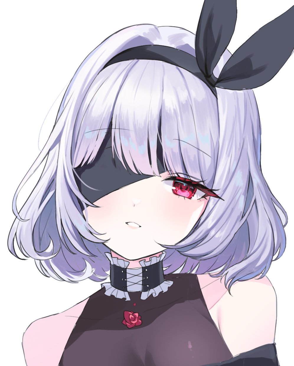 1girl, bare_shoulders, black_choker, choker, eyepatch, frilled_choker, frills, grin, hair_ribbon, highres, looking_at_viewer, off_shoulder, original, q_cupid_p3, red_eyes, ribbon, short_hair, simple_background, sleeveless, smile, solo, upper_body, white_background, white_hair
