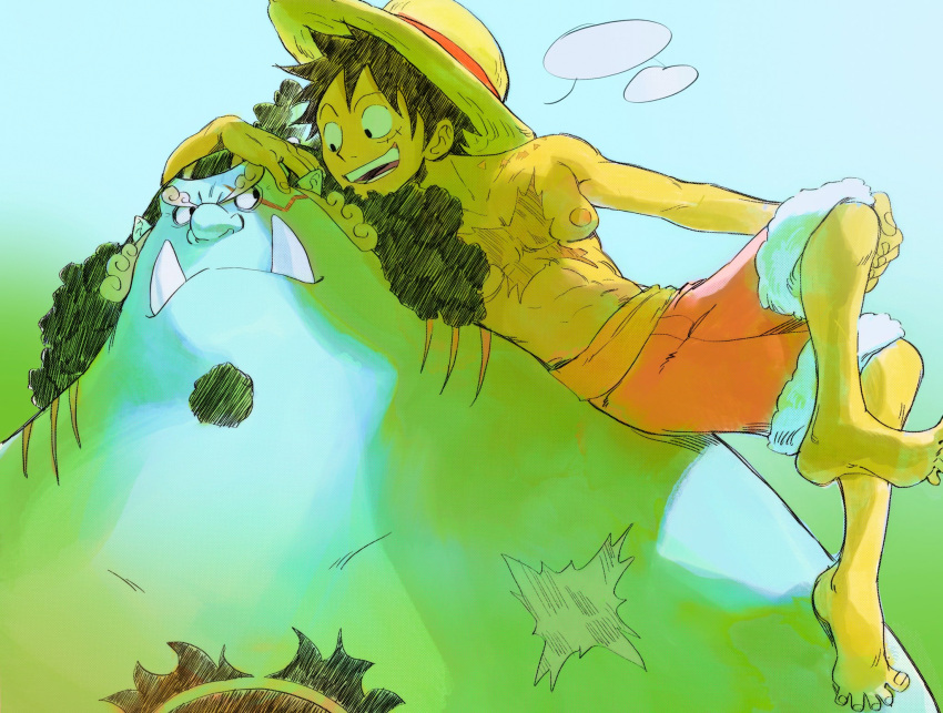 2boys, black_hair, blue_skin, blue_sky, chest_tattoo, colored_skin, crossed_legs, facial_hair
