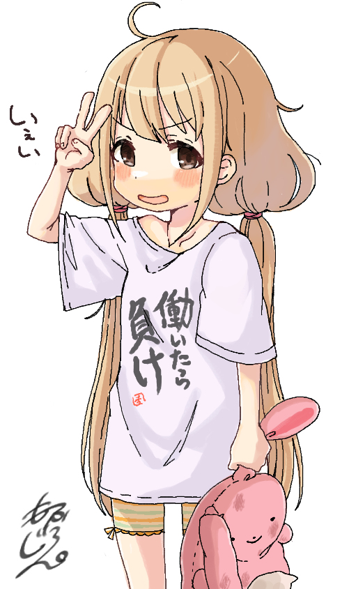 1girl, ahoge, blonde_hair, blush_stickers, brown_eyes, commentary_request, futaba_anzu, idolmaster