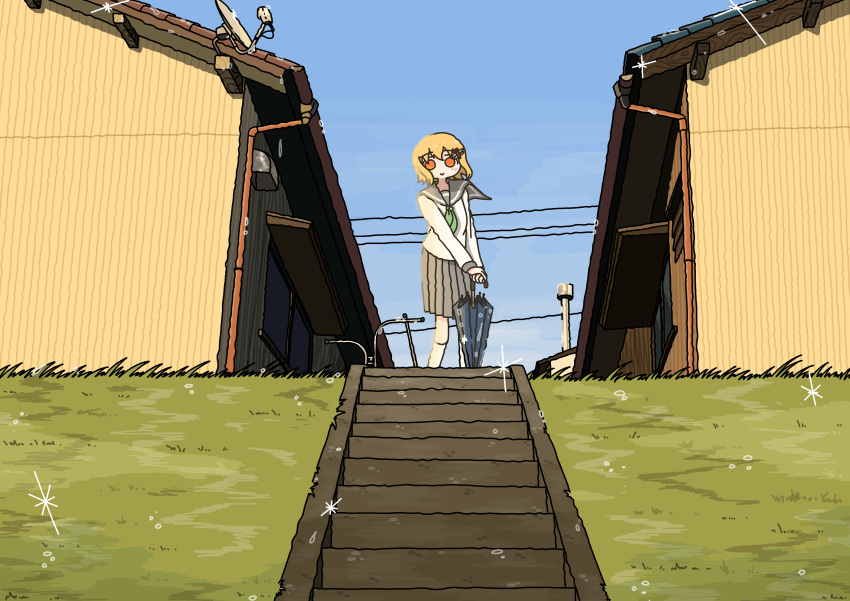 1girl, absurdres, after_rain, blonde_hair, blue_sky, building, closed_umbrella, emesan_desu