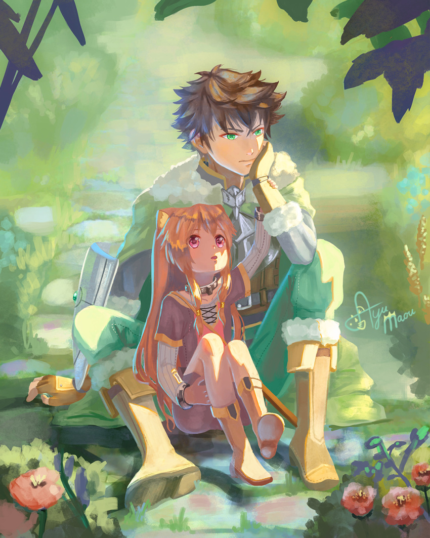 1boy, 1girl, animal_ear_fluff, animal_ears, armor, artist_name, ayumaou, black_hair