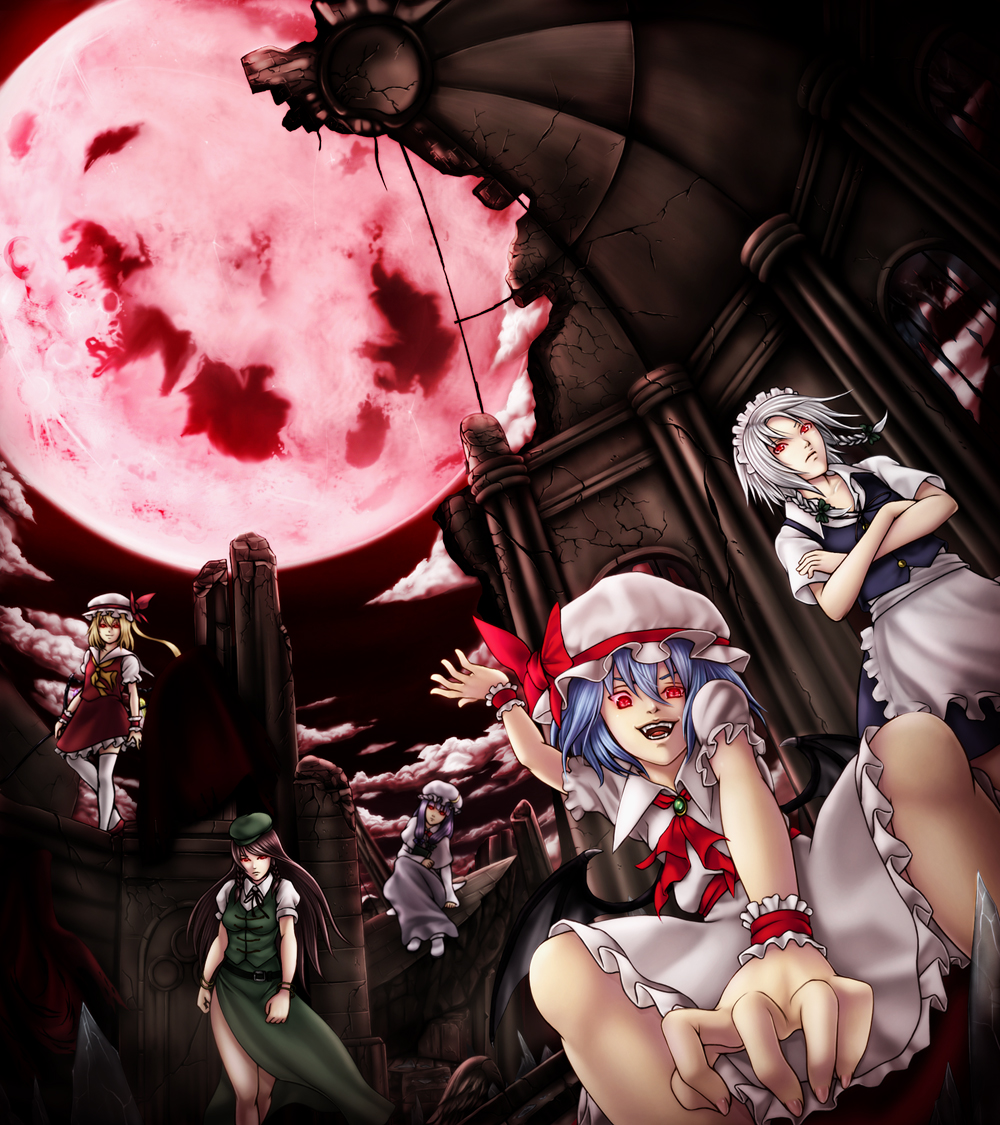 beret, blonde_hair, blue_eyes, blue_hair, braid, enmatime, flandre_scarlet, glowing