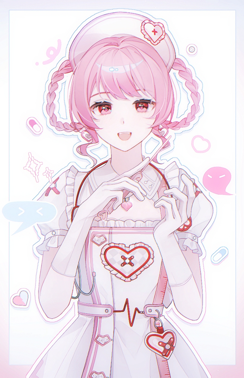 >_<, 1girl, blue_border, border, braid, braided_hair_rings, buttons, cardiogram