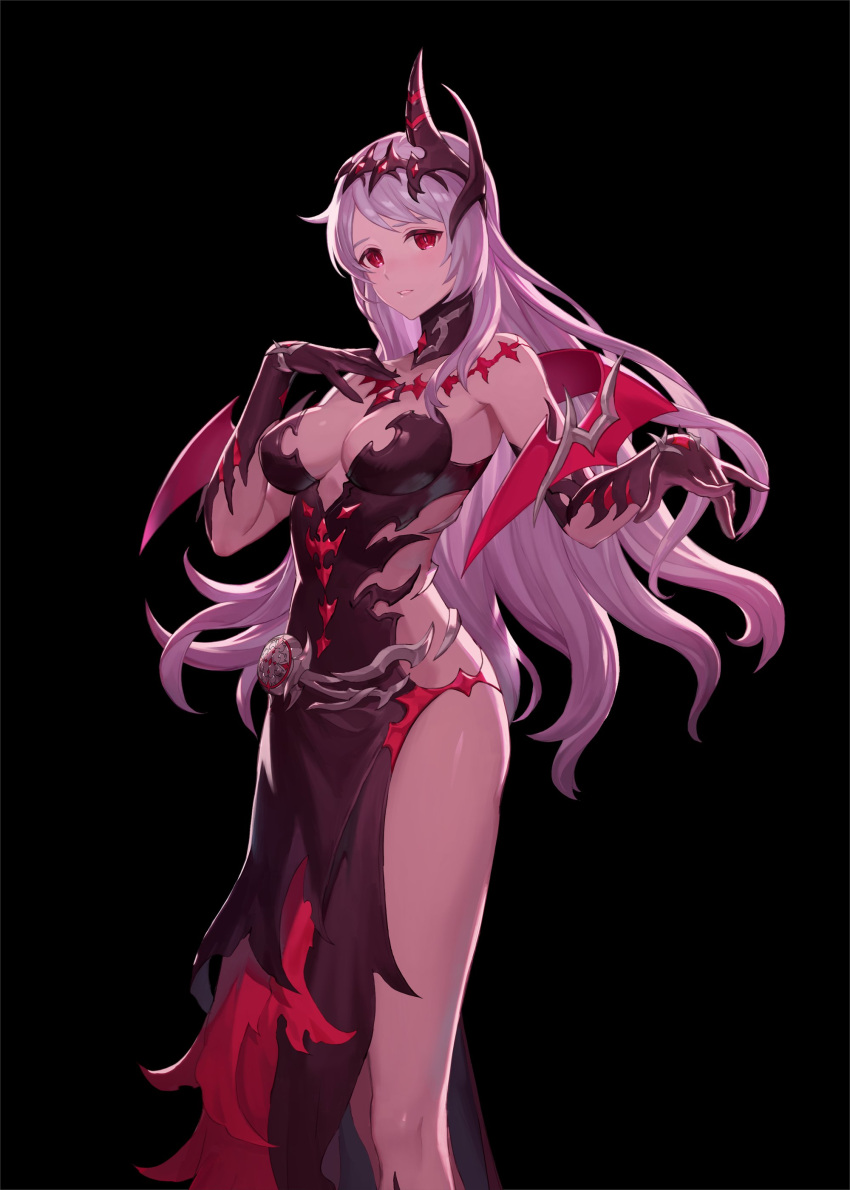 1girl, absurdres, artist_request, black_dress, black_gloves, breasts, commentary_request, dark_persona, demon_wings, dress, elbow_gloves, english_commentary, fallen_frey_(king's_raid), frey_(king's_raid), gloves, grey_hair, hand_on_own_chest, highres, king's_raid, korean_commentary, long_hair, medium_breasts, mini_wings, mixed-language_commentary, multicolored_dress, official_art, red_dress, red_eyes, red_wings, second-party_source, very_long_hair, wings