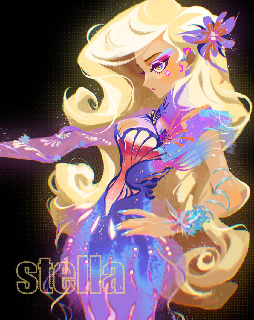 1girl, arm_up, black_background, blonde_hair, blue_nails, blue_ribbon, blue_scrunchie, character_name