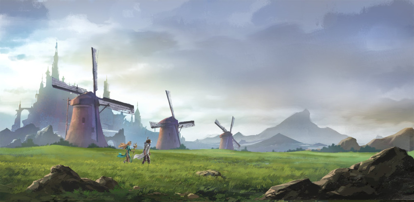 1boy, 1girl, armor, artist_request, black_pants, blonde_hair, brown_hair, castle