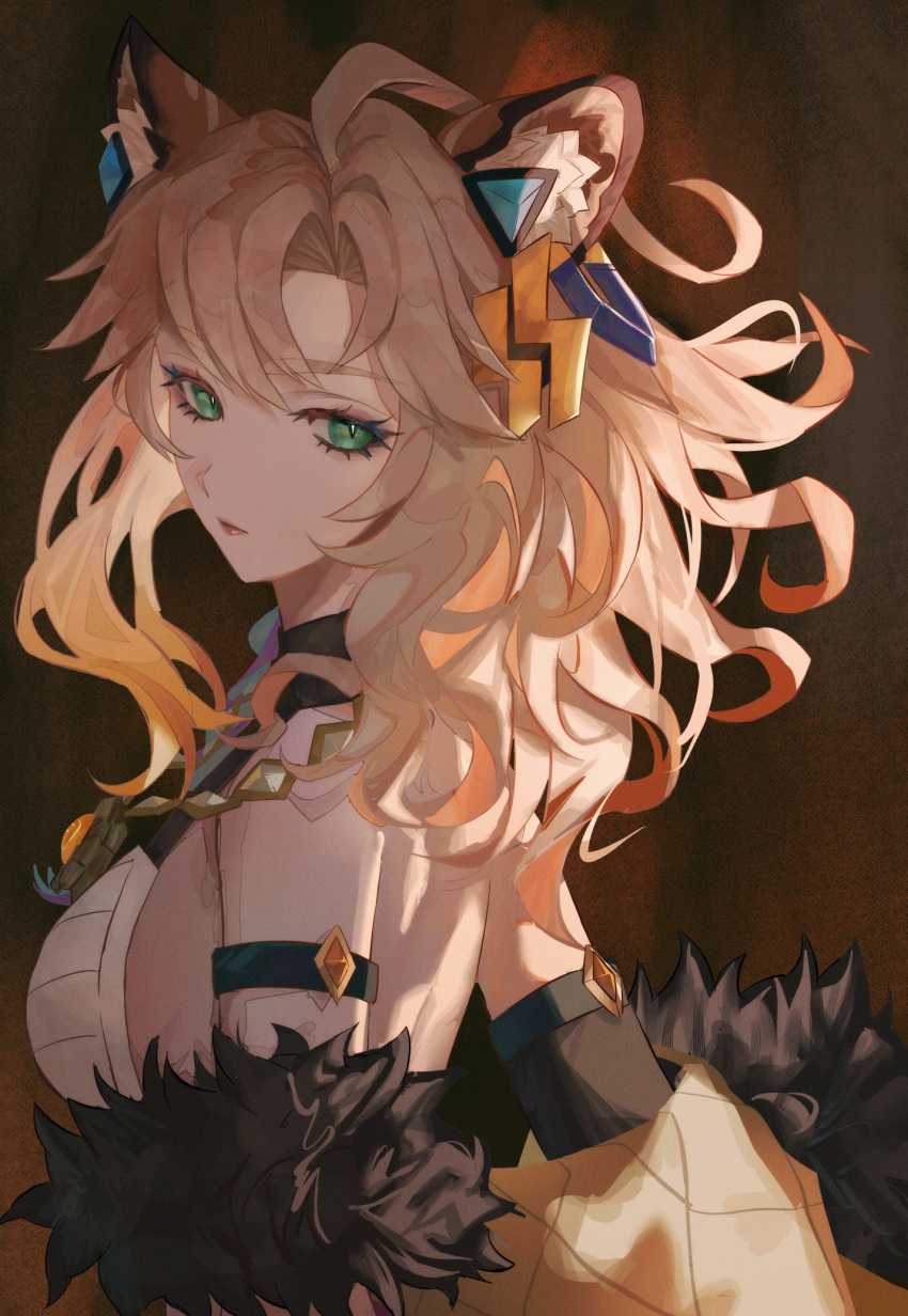 1girl, animal_ears, aster_(teslavision), blonde_hair, breasts, fur_trim, genshin_impact, green_eyes, highres, jaguar_ears, long_hair, medium_breasts, portrait, turning_head, xilonen_(genshin_impact)