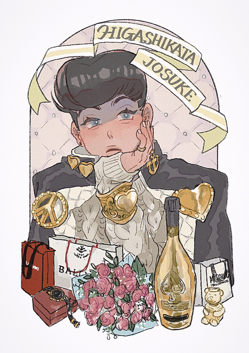 1boy, anchor_ornament, anchor_symbol, aqua_eyes, bag, black_hair, black_jacket, blush