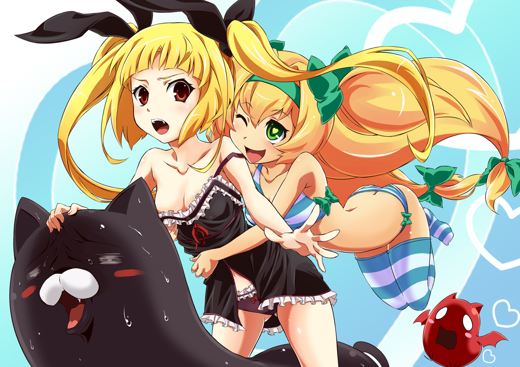 babydoll, bare_shoulders, blazblue, blonde_hair, butt_crack, fang, frills, gii, glomp, green_eyes, hair_ribbon, heart, heart-shaped_pupils, heart_eyes, hug, long_hair, low-tied_long_hair, multiple_girls, nago, platinum_the_trinity, quad_tails, rachel_alucard, raichi_(pixiv), red_eyes, ribbon, strap_slip, striped, striped_legwear, striped_thighhighs, symbol-shaped_pupils, thighhighs, twintails