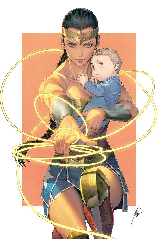 1girl, baby, bracelet, carrying, carrying_baby, carrying_person, cosplay, dc_comics