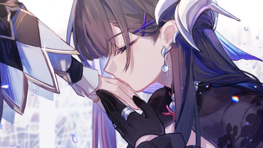 2girls, black_gloves, blunt_bangs, blurry, blurry_background, center_opening, cerydra_(honkai:_star_rail), chinese_commentary