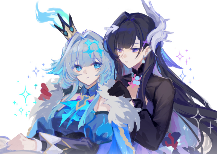 2girls, aqua_dress, aqua_eyes, bare_shoulders, behind_another, blue_cape, blue_fire, blue_hair, blunt_bangs, cape, center_opening, cerydra_(honkai:_star_rail), chinese_commentary, collared_dress, couple, crown, dress, earpiece, earrings, fire, fur-trimmed_cape, fur_trim, gem, gloves, hair_intakes, hair_ornament, hairclip, hands_on_another's_shoulders, head_tilt, headpiece, highres, honkai:_star_rail, honkai_(series), hysilens_(honkai:_star_rail), jewelry, leaning_back, leaning_forward, leaning_to_the_side, long_sleeves, looking_at_another, looking_down, looking_to_the_side, looking_up, mangzhi_yaoyao, multicolored_dress, multicolored_hair, multiple_girls, parted_lips, pearl_(gemstone), pearl_earrings, puffy_long_sleeves, puffy_sleeves, purple_dress, purple_hair, shade, simple_background, sitting, sleeveless, sleeveless_dress, sparkle, standing, upper_body, violet_eyes, white_background, wide_sleeves, yuri