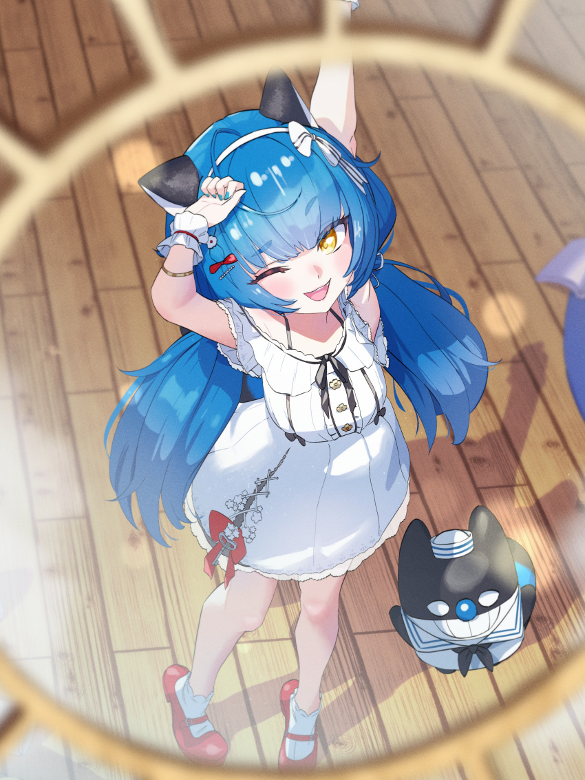 1girl, absurdres, ahoge, animal_ears, arm_up, blue_hair, blue_nails, blue_tail