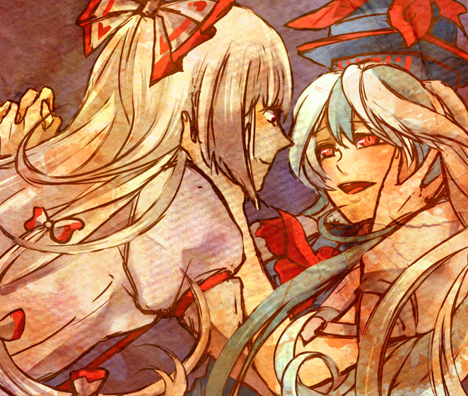 bad_id, blue_hair, eye_contact, fujiwara_no_mokou, hand_holding, holding_hands, jagajaga, kamishirasawa_keine, long_hair, looking_at_another, multiple_girls, smile, touhou