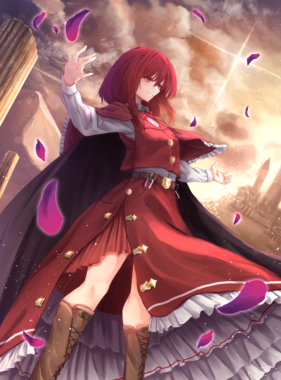 1girl, belt, black_cape, boots, brown_belt, brown_boots, building, buttons