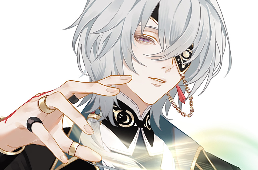 1boy, anaxa_(honkai:_star_rail), aqua_hair, black_jacket, blue_eyes, chain, earrings, eyepatch