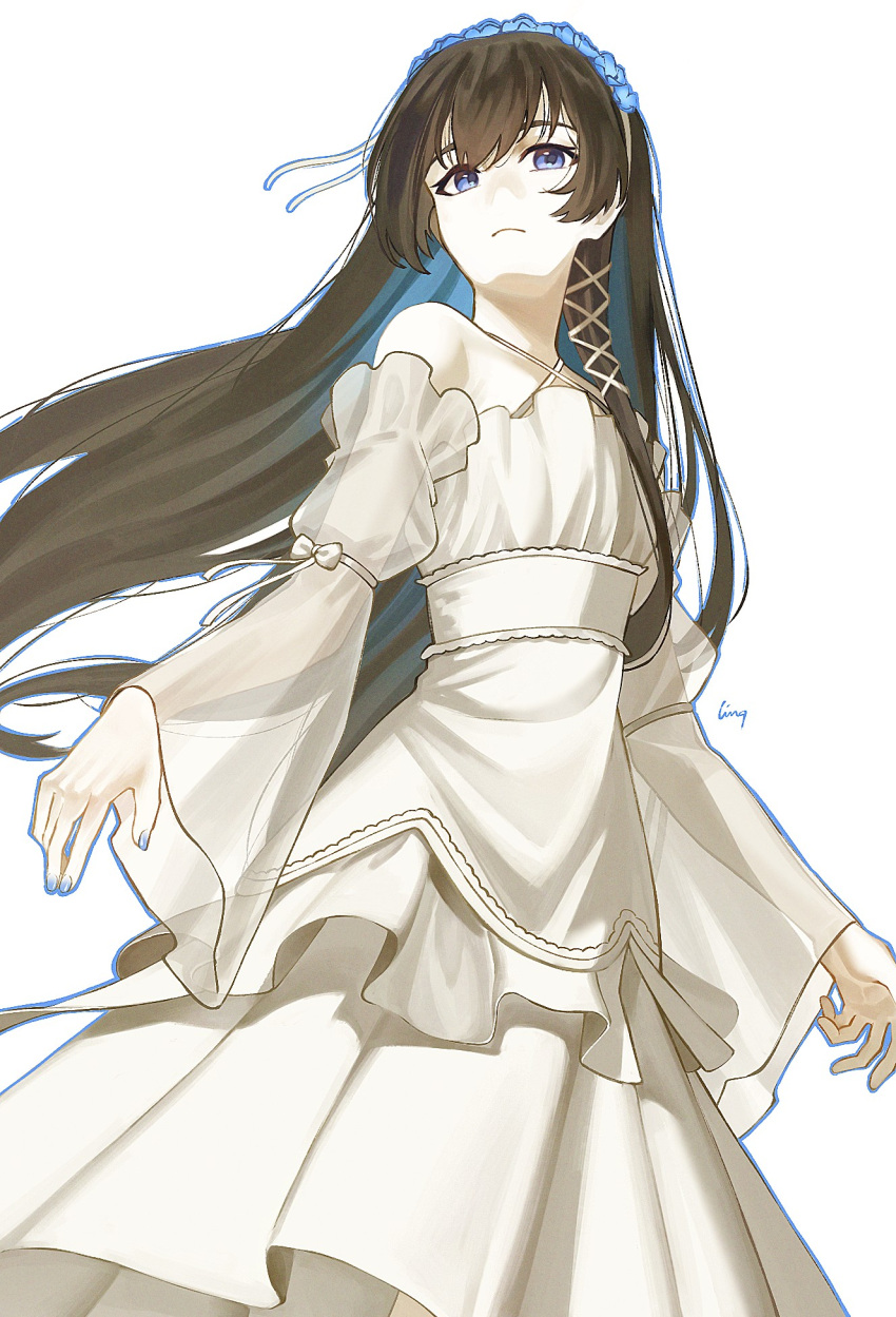 1girl, arm_ribbon, black_hair, blue_eyes, blue_flower, blue_hair, blue_nails, blue_outline