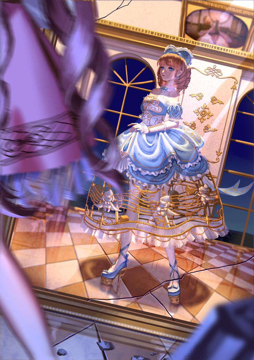 1girl, absurdres, ankle_ribbon, argyle_bonnet, argyle_clothes, argyle_sleeves, back_bow, bare_legs