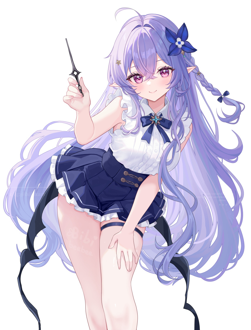 1girl, absurdres, ahoge, artist_name, bibixart, blue_skirt, blush, braid