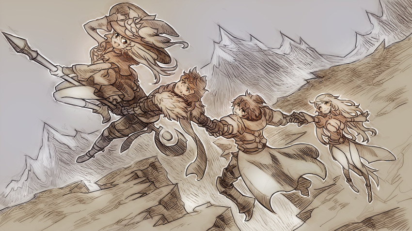 2boys, 2girls, armor, artist_request, breasts, cleo_(king's_raid), coat, commentary_request