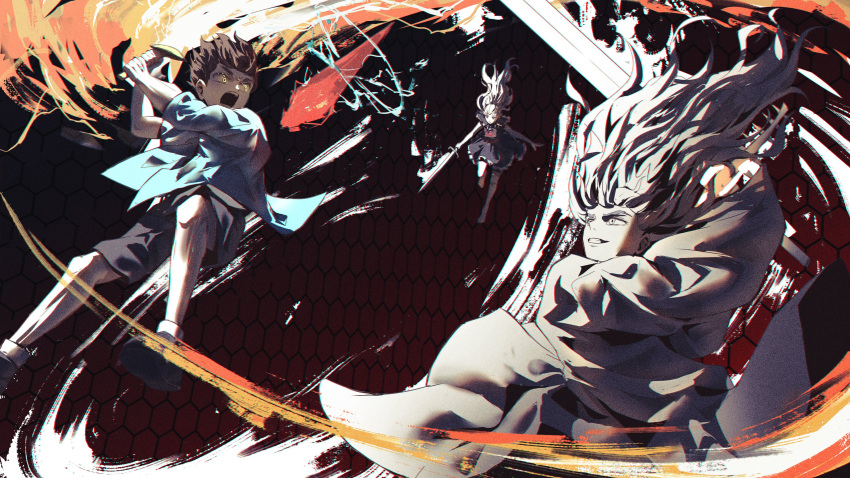 1girl, 2boys, absurdres, albelda, barefoot, black_dress, black_shorts, blue_shirt, commission, dress, energy_sword, falling, floating, floating_hair, hairband, highres, hoaqin, holding, holding_sword, holding_weapon, incoming_attack, kapxapius, long_hair, long_sleeves, looking_at_another, motion_lines, multiple_boys, original, robe, shirt, shoes, shorts, smile, socks, sword, teeth, tower_of_god, twenty-fifth_bam, weapon, white_hair, white_robe