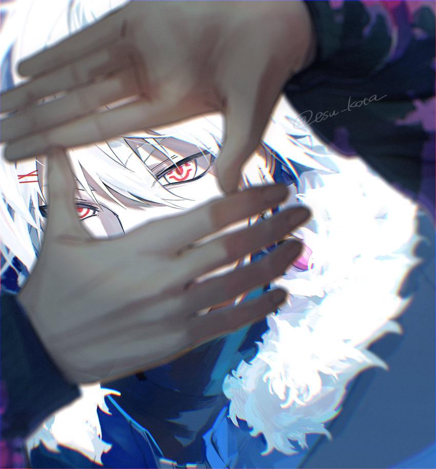 1boy, arms_up, artist_name, black_shirt, blue_coat, coat, colored_extremities, david_hockney, earrings, esu_kota, fur-trimmed_coat, fur_trim, hair_ornament, hairclip, hands_up, highres, jewelry, long_sleeves, looking_at_viewer, multicolored_eyes, original, shirt, short_hair, solo, tower_of_god, twitter_username, white_hair