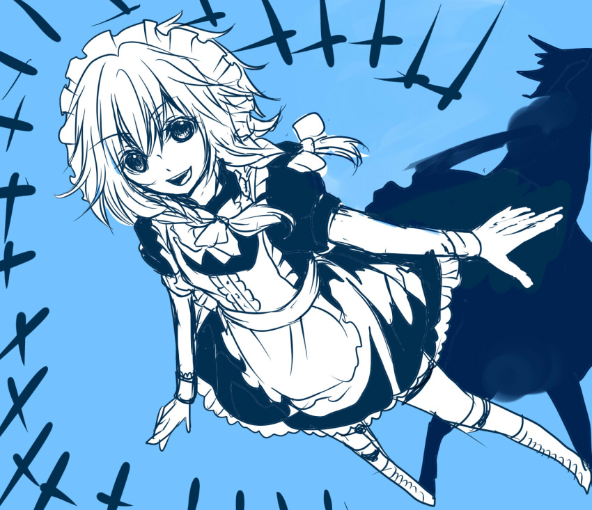 bad_id, blue, braid, foreshortening, highres, izayoi_sakuya, maid, maid_headdress, monochrome, short_hair, solo, tadano_mya, touhou, twin_braids