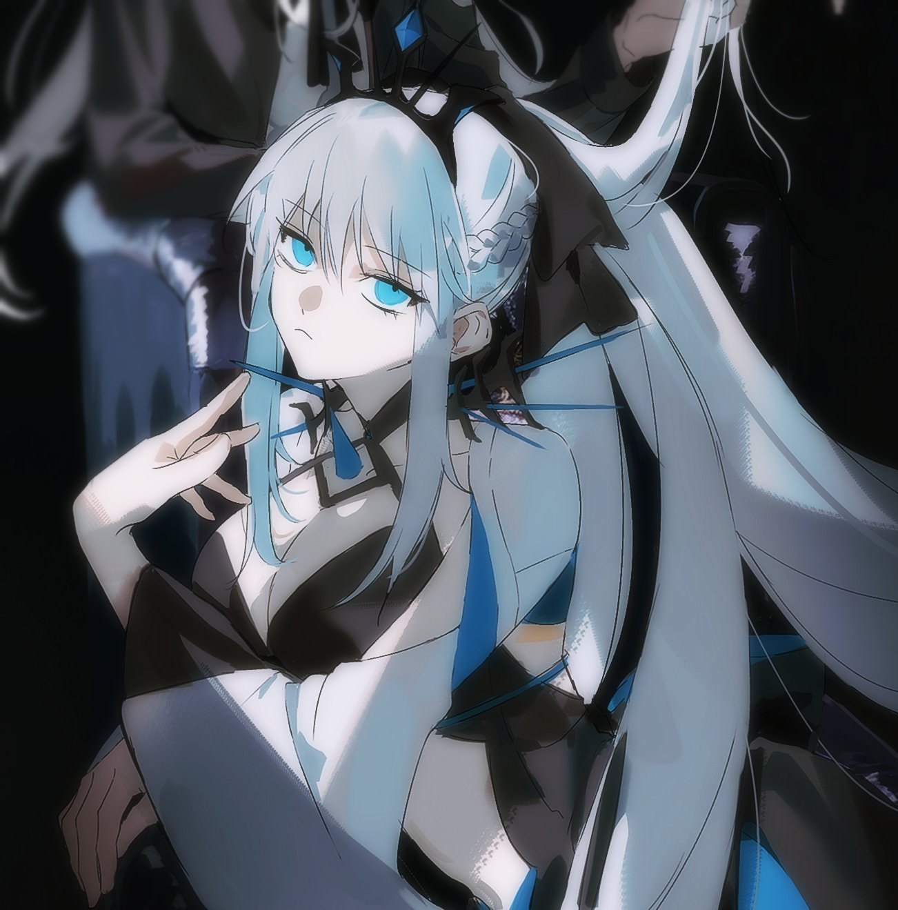 1girl, black_bow, black_dress, blue_eyes, bow, braid, dress, fate/grand_order, fate_(series), hair_between_eyes, hair_bow, half_up_braid, highres, long_hair, long_sleeves, looking_at_viewer, morgan_le_fay_(fate), morgan_le_fay_(third_ascension)_(fate), ponytail, solo, spikes, ss_un17, tiara, white_hair