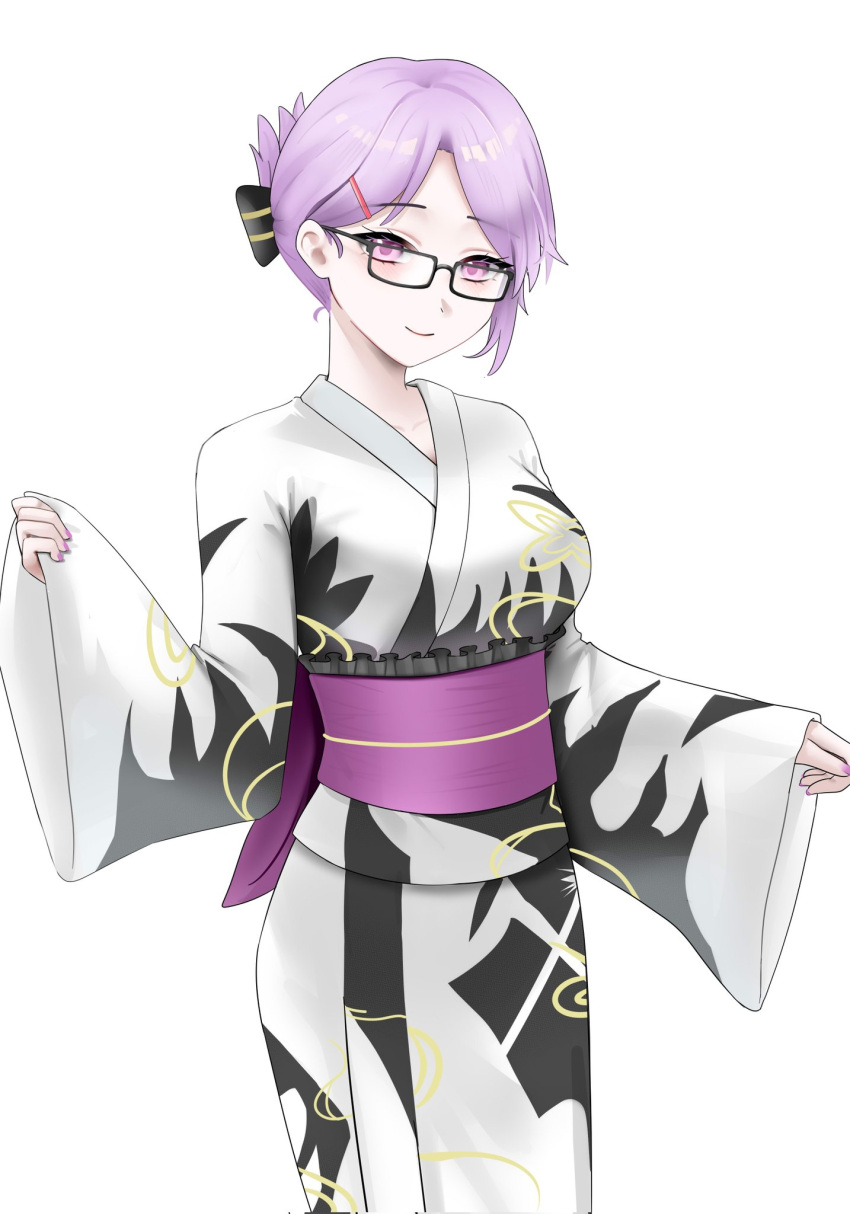 1girl, black_kimono, blush, breasts, cowboy_shot, digimon, digimon_card_game, digimon_world_re:digitize
