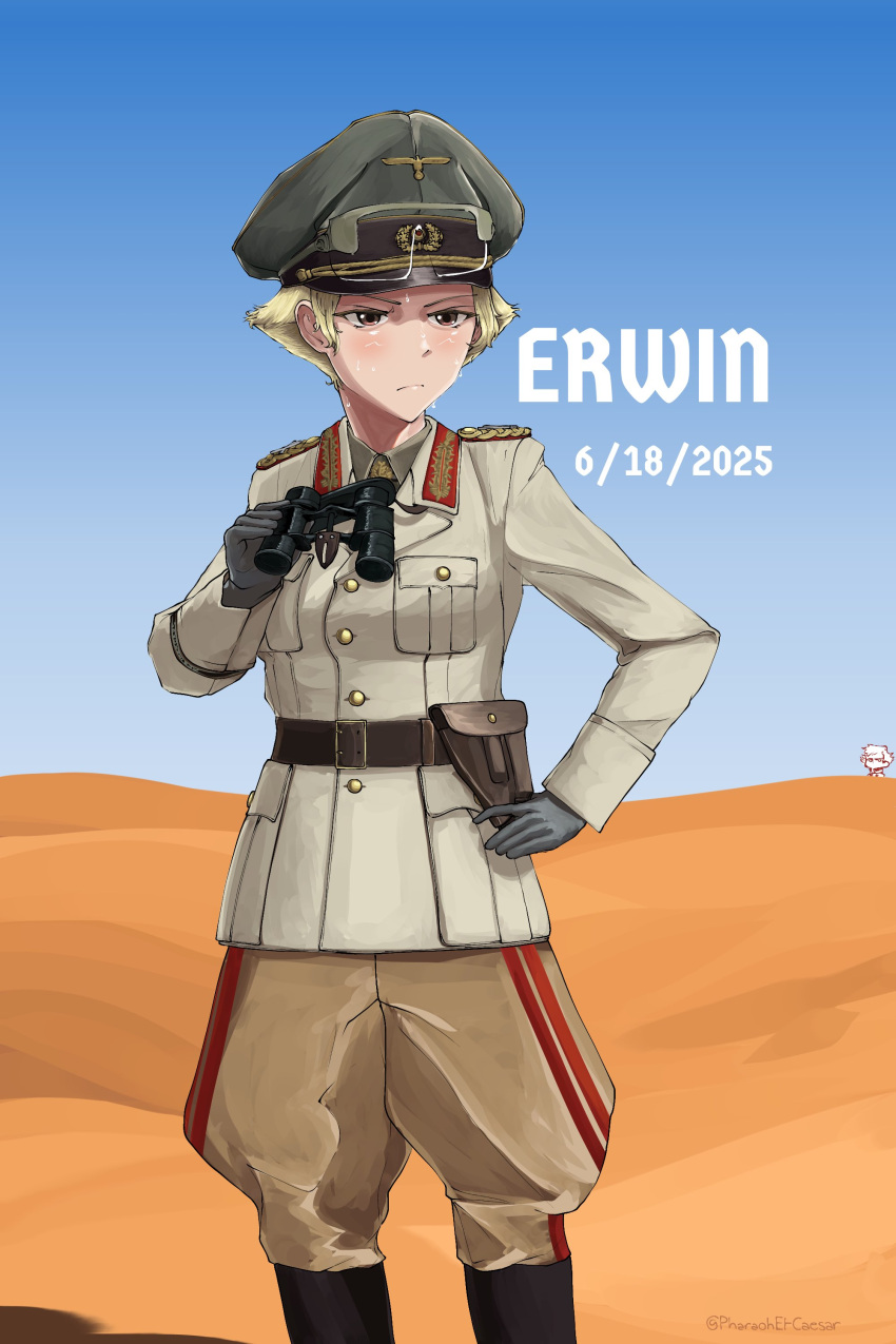 absurdres, belt, binoculars, blonde_hair, brown_belt, brown_eyes, buttons, closed_mouth, cosplay, desert, double-breasted, epaulettes, erwin_(girls_und_panzer), erwin_rommel, erwin_rommel_(cosplay), girls_und_panzer, happy_birthday, hat, highres, holster, military_uniform, peaked_cap, pharaohetcaesar, signature, sweat