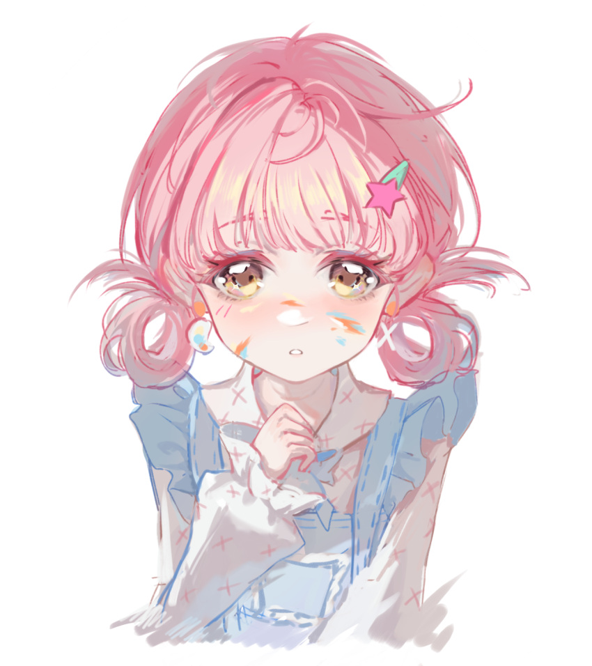 1girl, blue_bow, blue_bowtie, blue_overalls, blunt_bangs, bow, bowtie, brown_eyes, childhood_moments_(infinity_nikki), chinese_commentary, clenched_hand, collared_shirt, commentary_request, copyright_name, cropped_torso, earrings, eyelashes, fengyuyulai76327, frilled_sleeves, frills, hair_ornament, hair_rings, hairclip, highres, infinity_nikki, jewelry, light_blush, long_sleeves, loose_hair_strand, mismatched_earrings, nikki_(series), overalls, paint_palette, paint_splatter, paint_splatter_on_face, parted_lips, pink_hair, pocket, puffy_long_sleeves, puffy_sleeves, shirt, short_hair, simple_background, sleeves_past_wrists, solo, star_(symbol), star_hair_ornament, straight-on, teeth, white_background, white_shirt